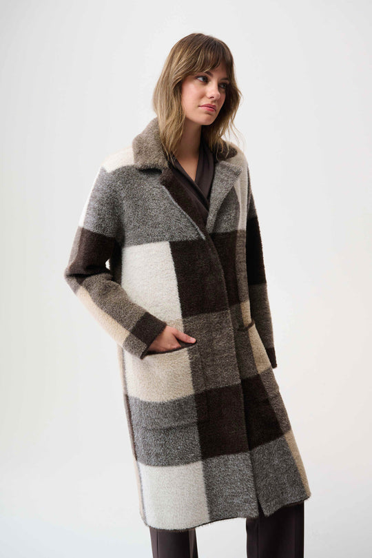 Joseph Ribkoff Feather Yarn Abstract Plaid Sweater Coat in Mocha Multi