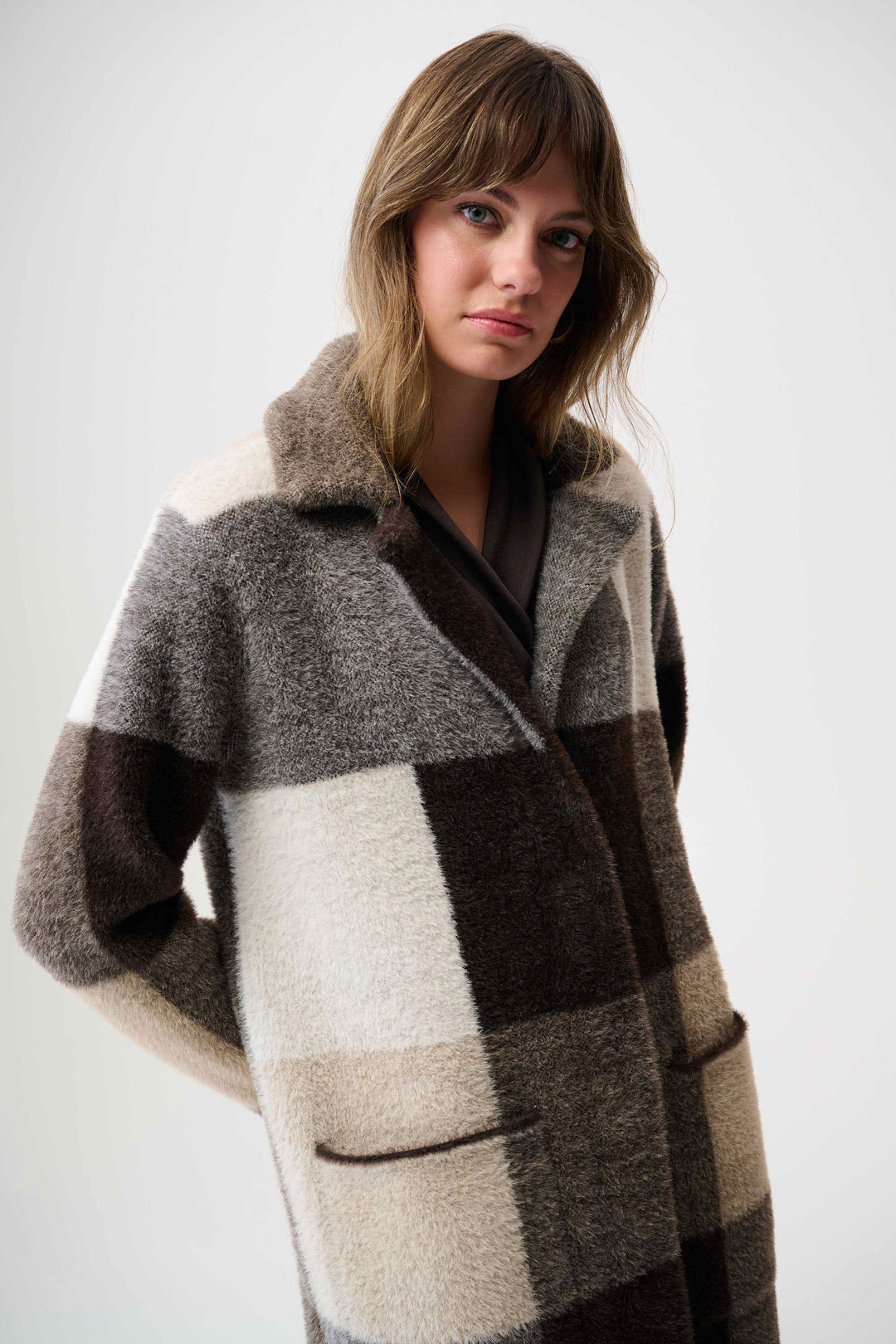 Joseph Ribkoff Feather Yarn Abstract Plaid Sweater Coat in Mocha Multi