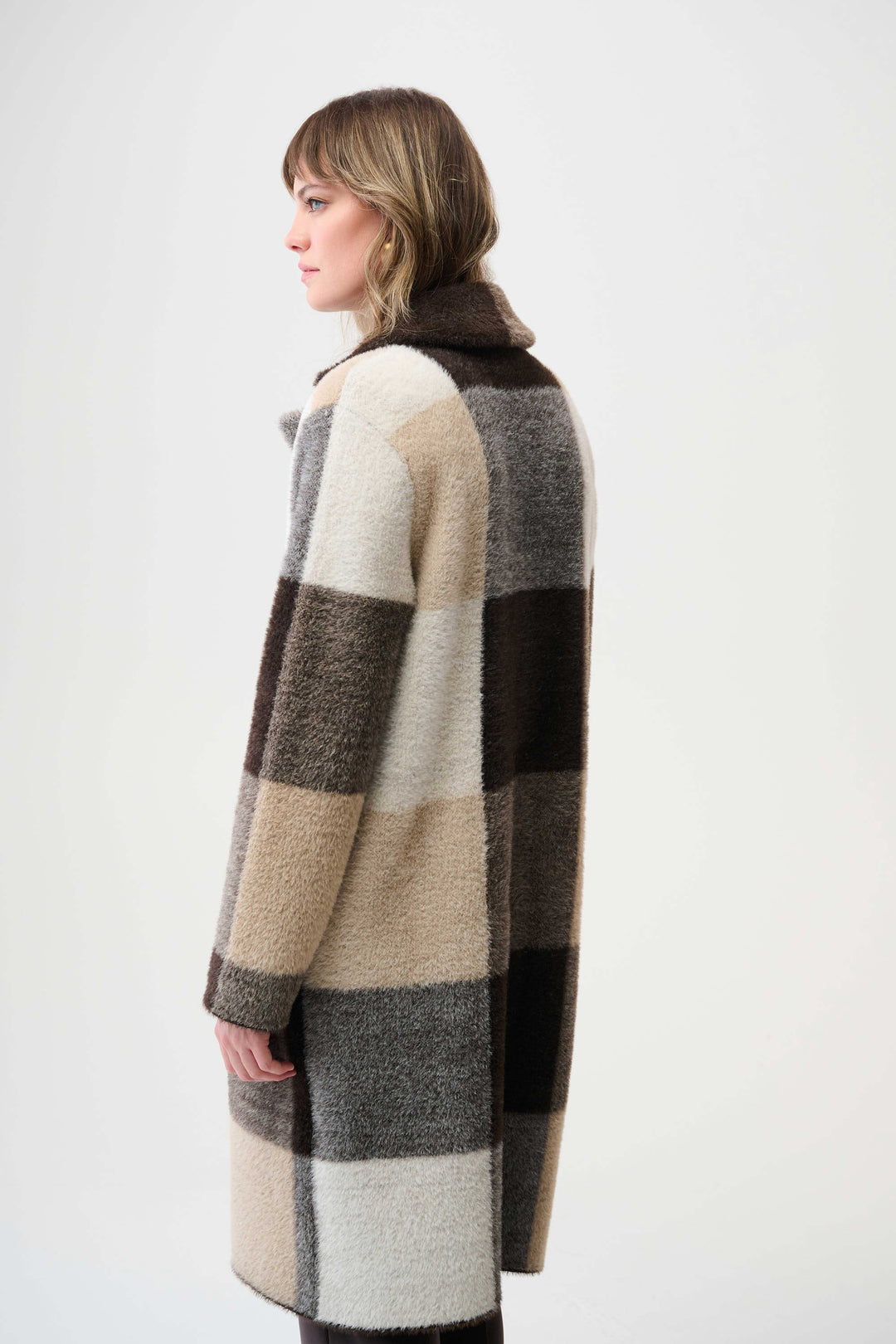 Joseph Ribkoff Feather Yarn Abstract Plaid Sweater Coat in Mocha Multi