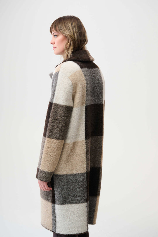 Joseph Ribkoff Feather Yarn Abstract Plaid Sweater Coat in Mocha Multi