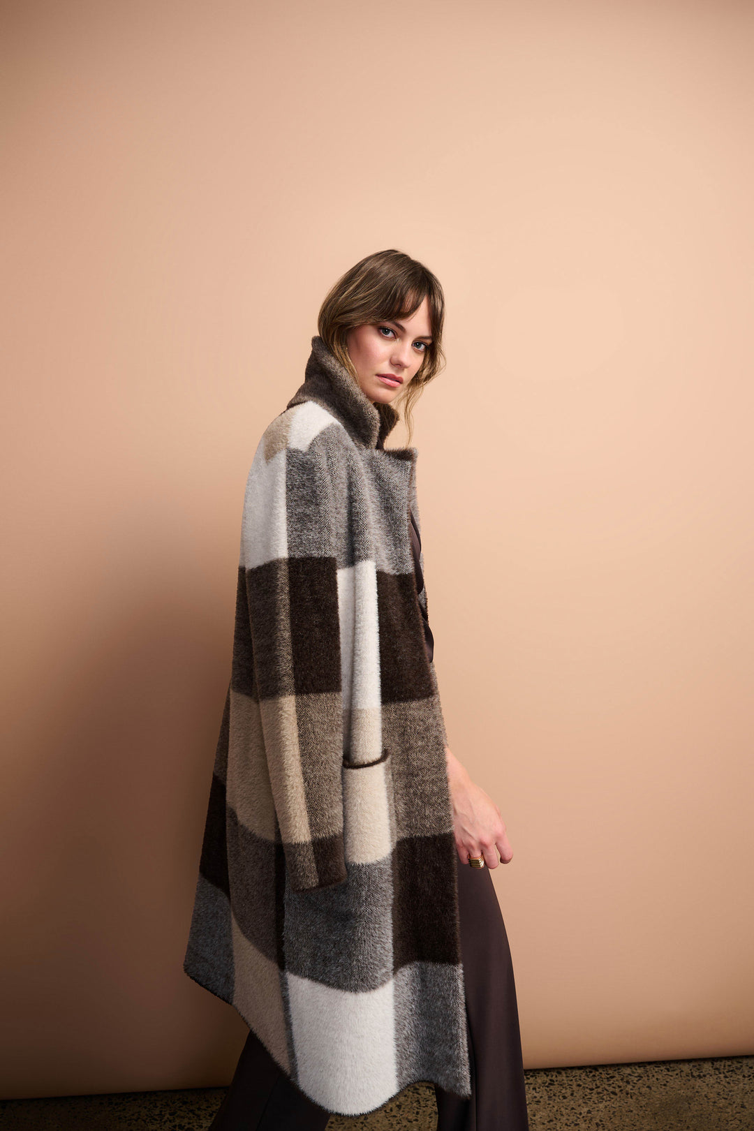 Joseph Ribkoff Feather Yarn Abstract Plaid Sweater Coat in Mocha Multi