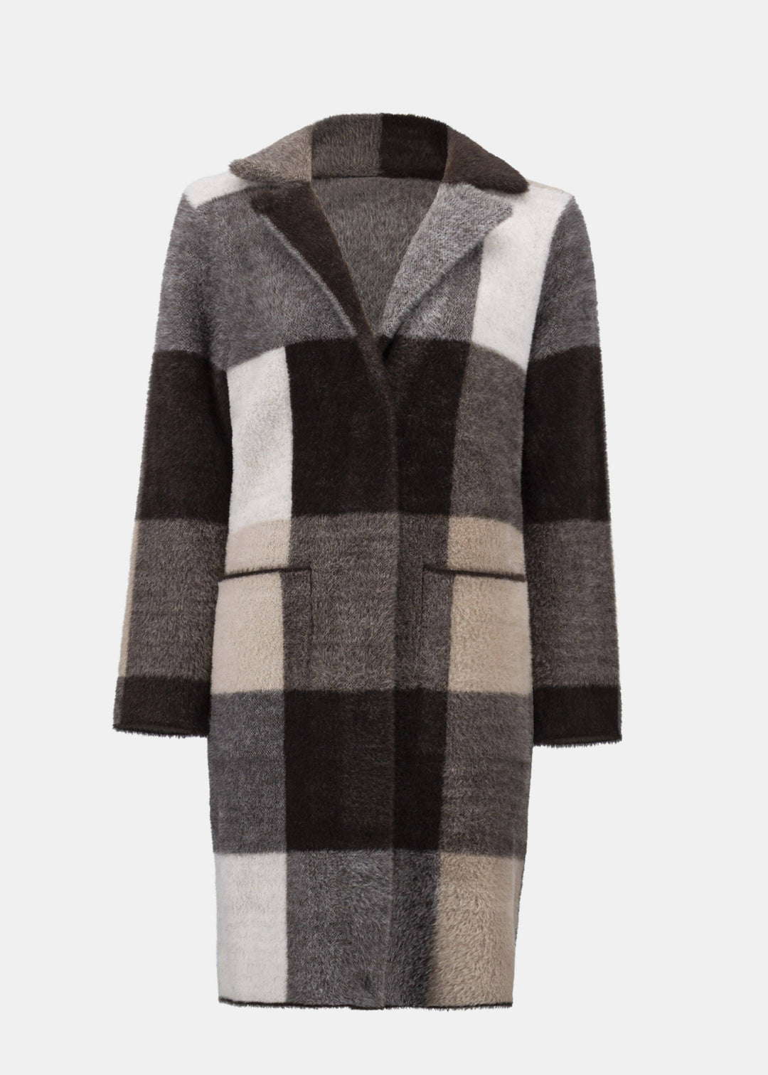 Plaid coat with black, gray, and beige pattern on a white background