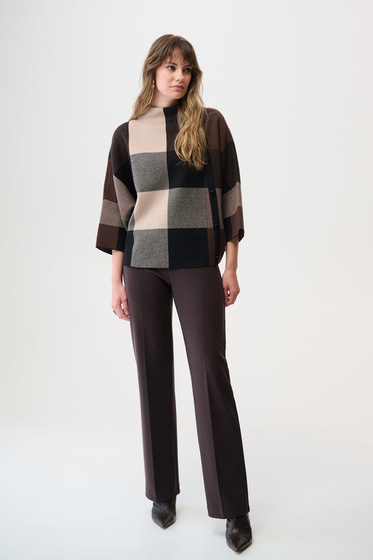 Joseph Ribkoff Brushed Viscose Plaid Print Boxy Sweater with Funnel Neck in Mocha Black