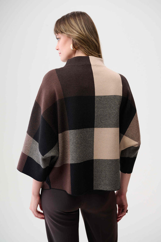 Joseph Ribkoff Brushed Viscose Plaid Print Boxy Sweater with Funnel Neck in Mocha Black