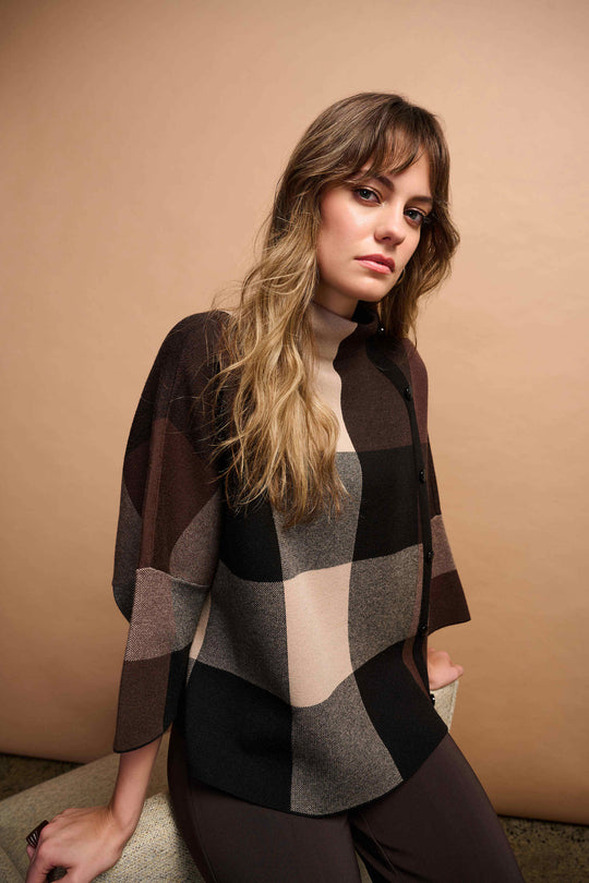Joseph Ribkoff Brushed Viscose Plaid Print Boxy Sweater with Funnel Neck in Mocha Black