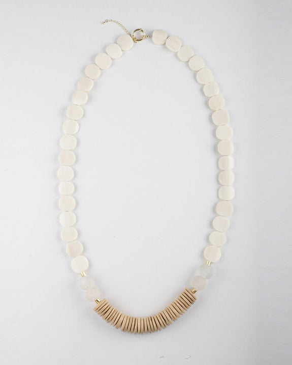 Toni Plus White Bone Flat Bead Long Statement Necklace in White/Beige/Gold