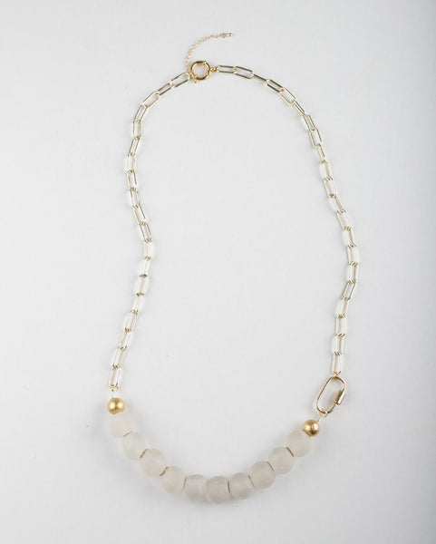 Toni Plus Paperclip Chain Necklace Recycled Glass Bead Gold in White/Gold