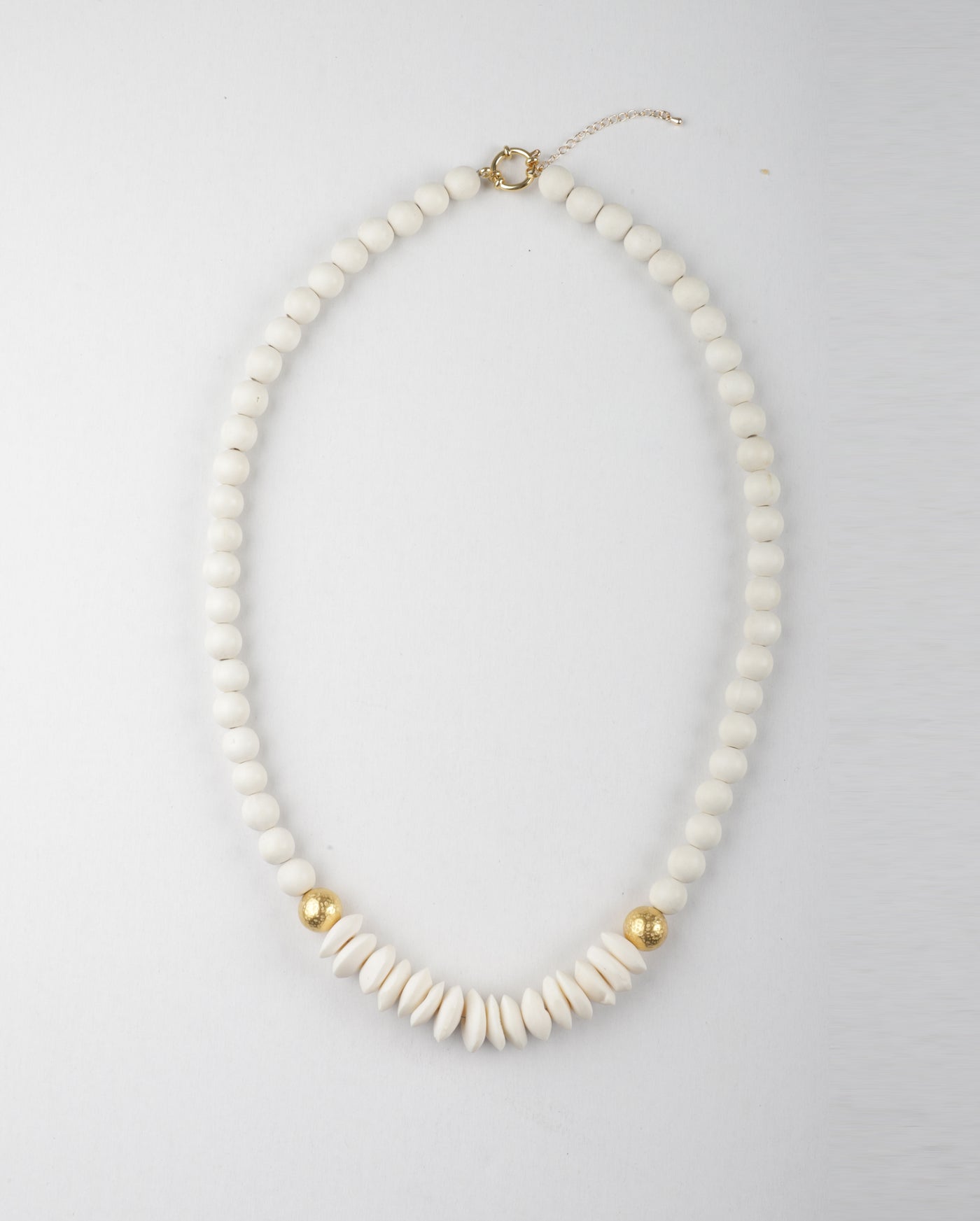 Toni Plus Black White Wood and Disk Africa Bone Bead Long Necklace in White/Gold