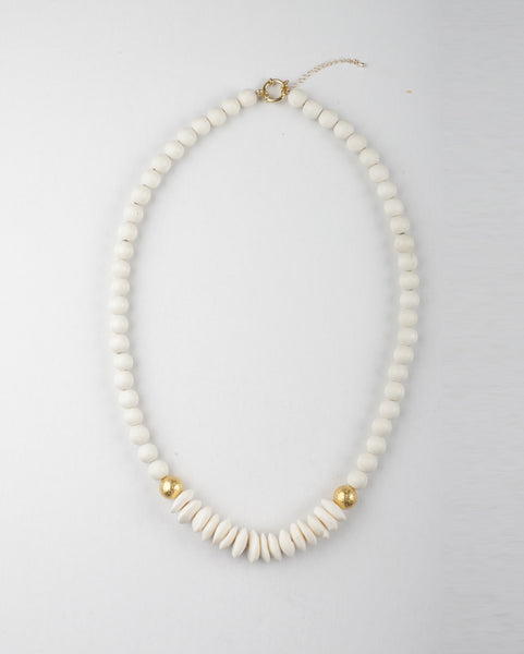 Toni Plus Black White Wood and Disk Africa Bone Bead Long Necklace in White/Gold