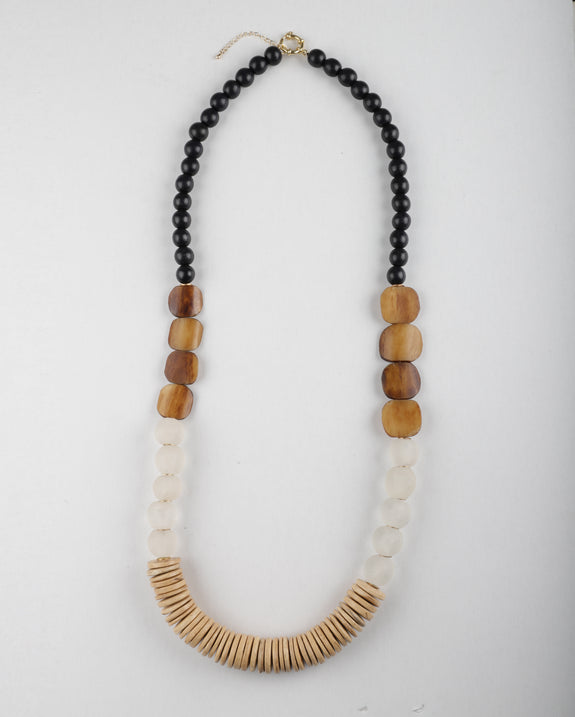 Toni Plus Black Recycled Glass and Tan Bone Bead Long Necklace in Black/Tan/White