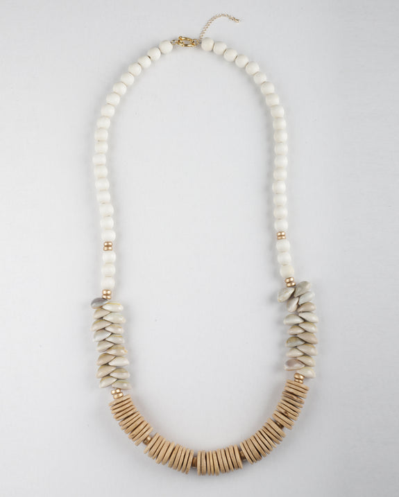 Toni Plus White Coconut Wood Round Bead & Cowrie Sea Shell Necklace in White/Tan