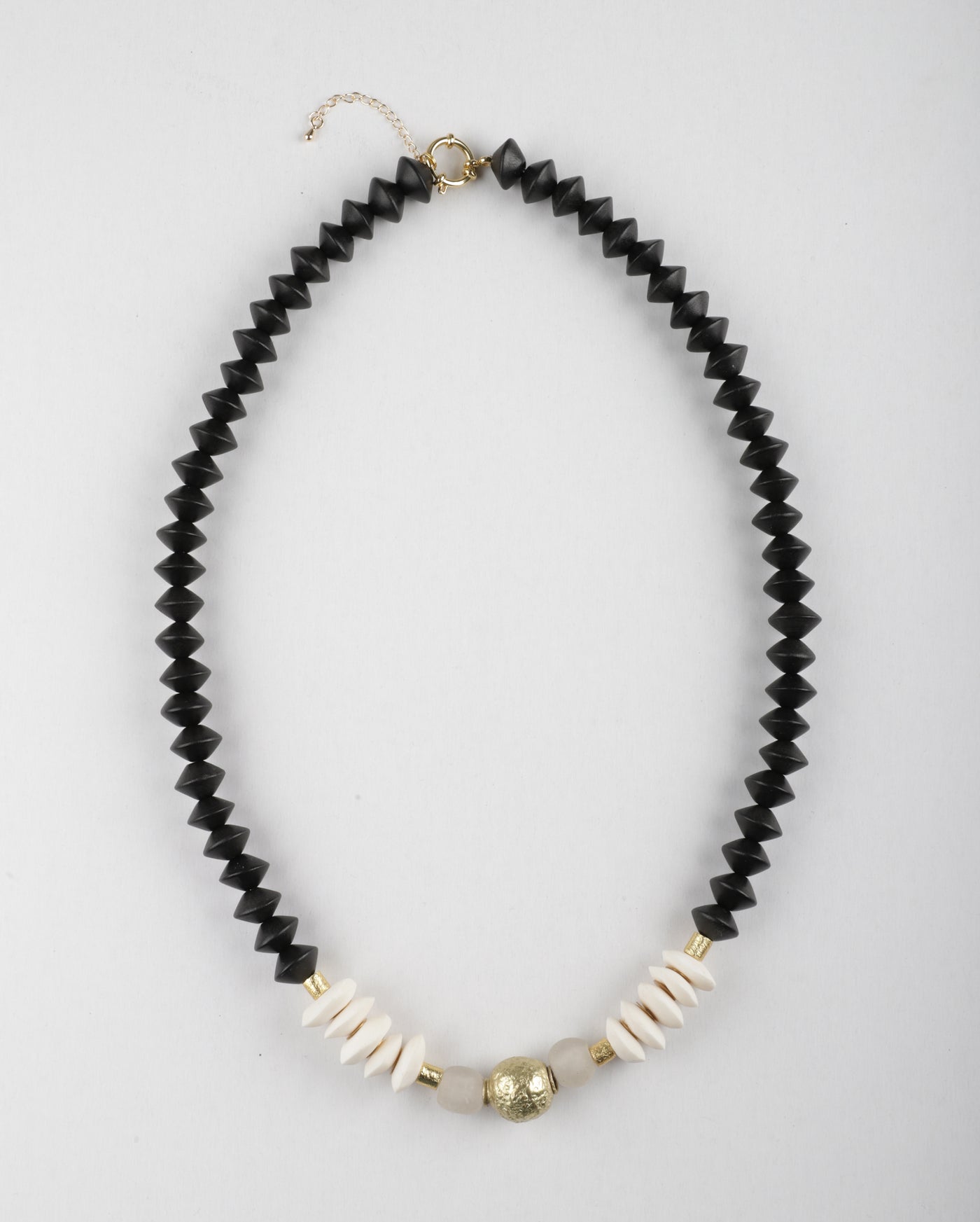 Toni Plus Brass Round Pendant Midi Necklace Wood & Glass Black & White in Black/Gold/White