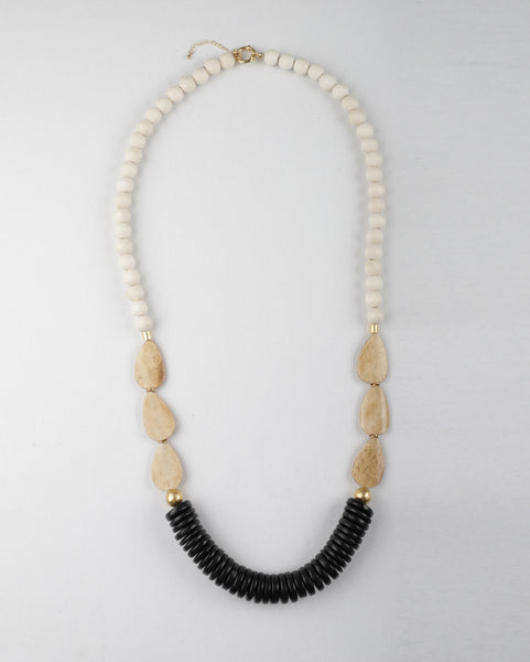 Toni Plus Coconut Wood & Tan Bone Bead Long Necklace Black in White/Beige/Black