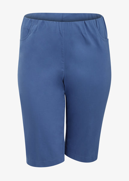 front view of Verpass  plus size Stretch Pull On Bermuda Short in Indigo