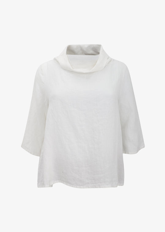 A cream-colored, cowl-neck, 3/4 sleeve top made of linen, displayed against a white background.