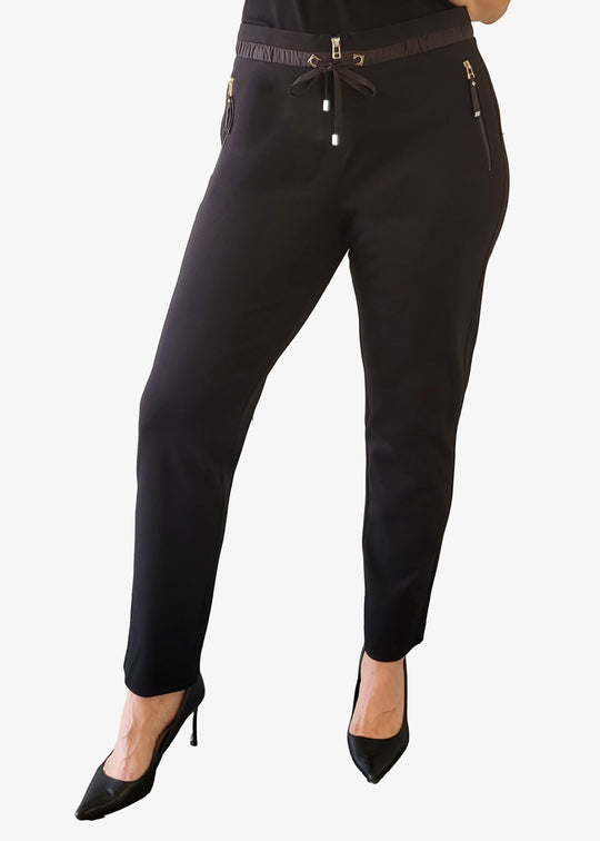 I'cona Drawstring Waist Ponte Pant with Zip Tab Detail in Black