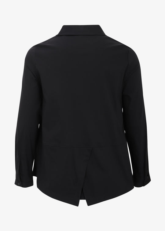 Back view of Toni T. plus size long sleeve A-line shirt in stretch poplin in black