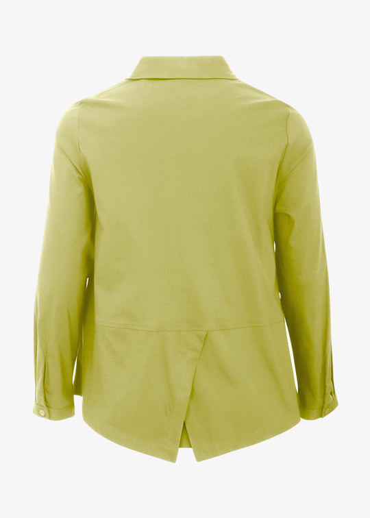 Back view of Toni T. plus size long sleeve A-line shirt in stretch poplin, bamboo green color