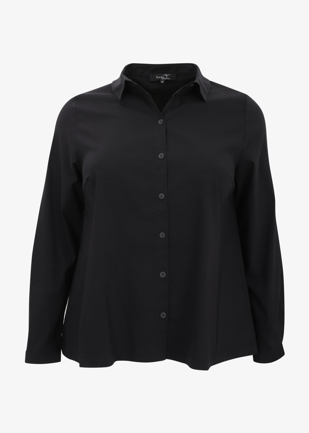 Front view of Toni T. plus size long sleeve A-line shirt in stretch poplin in black