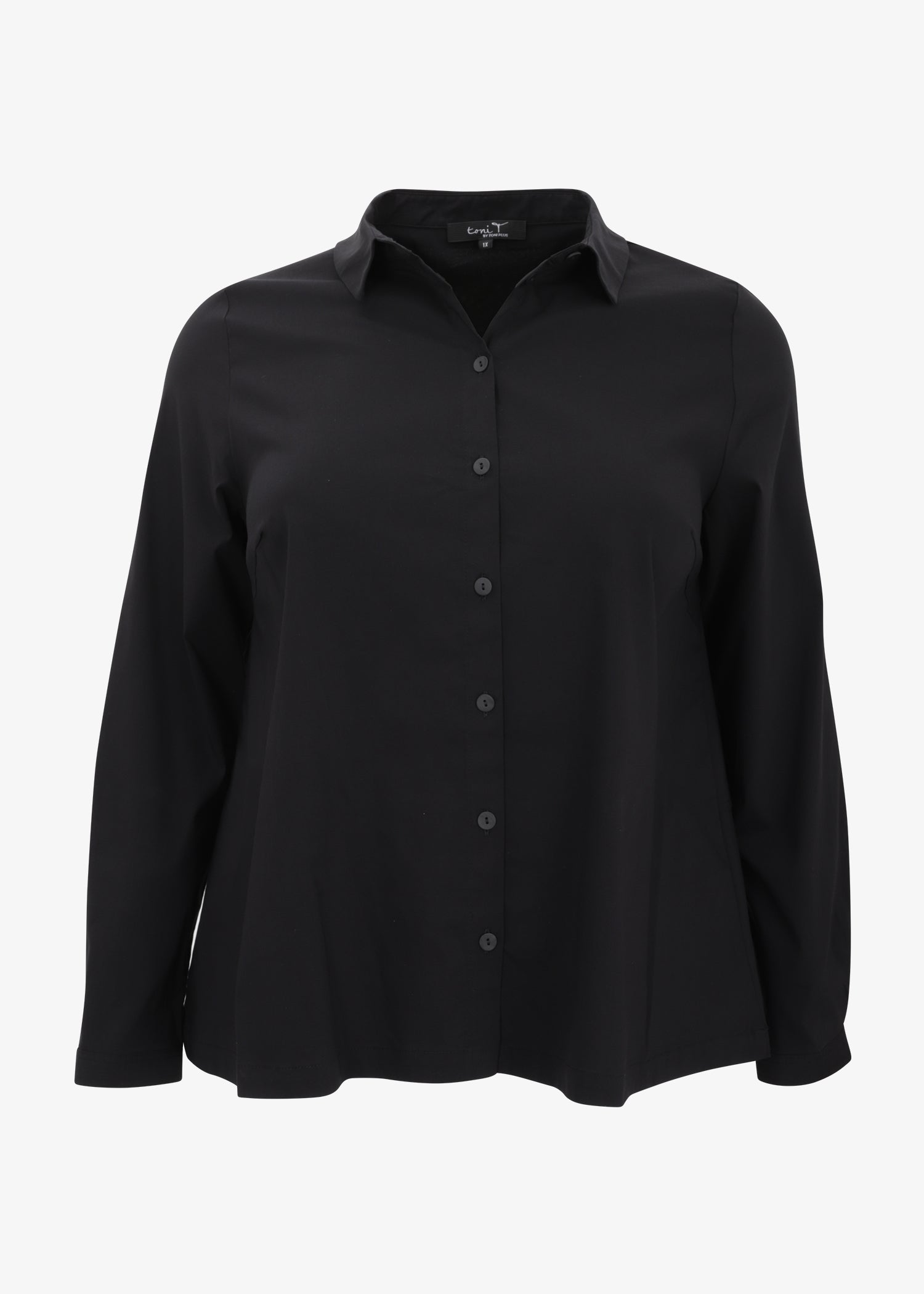 Front view of Toni T. plus size long sleeve A-line shirt in stretch poplin in black