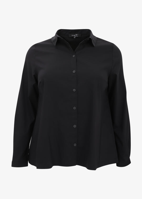 Front view of Toni T. plus size long sleeve A-line shirt in stretch poplin in black