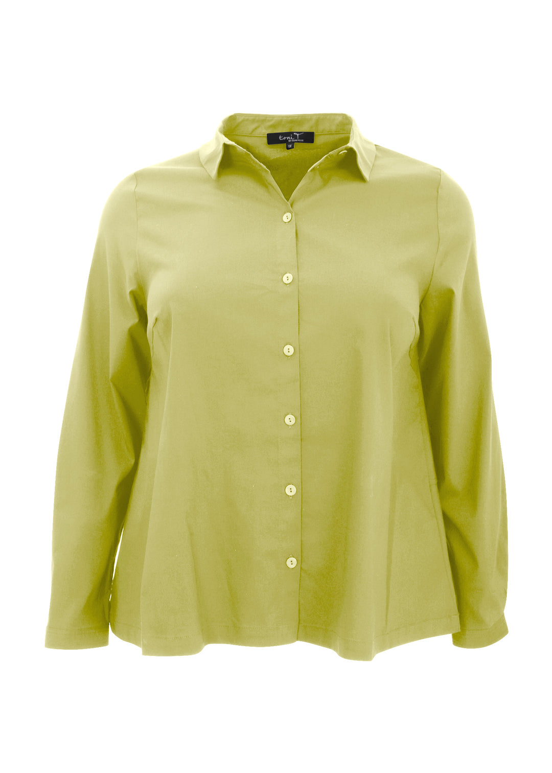 Front view of Toni T. plus size long sleeve A-line shirt in stretch poplin, bamboo green color
