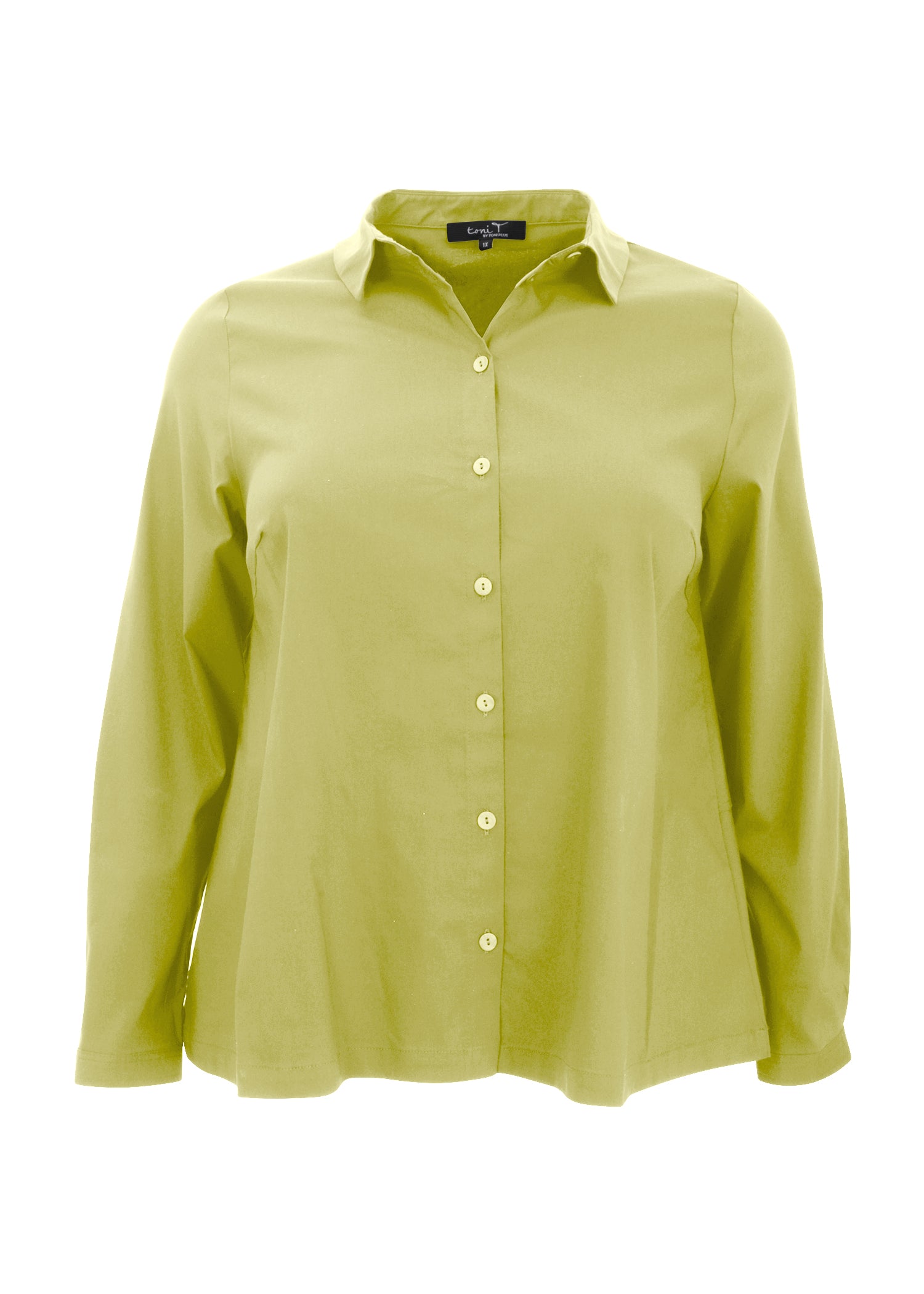 Front view of Toni T. plus size long sleeve A-line shirt in stretch poplin, bamboo green color