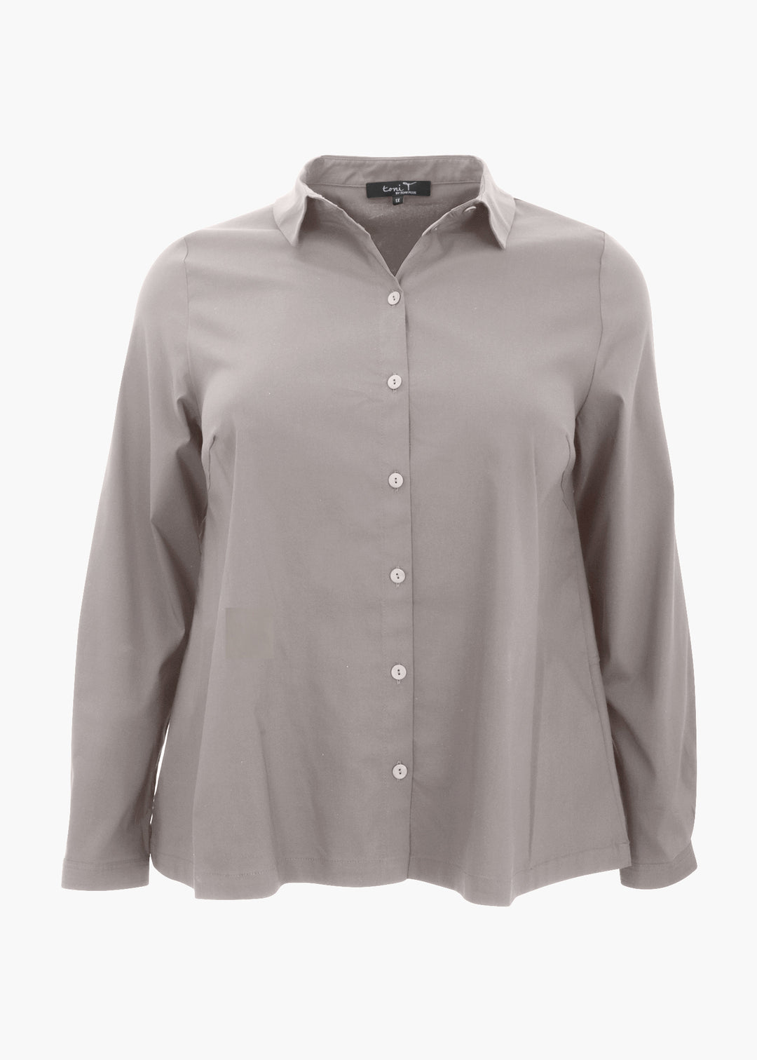 Front view of Toni T. plus size long sleeve A-line shirt in stretch poplin, beige color