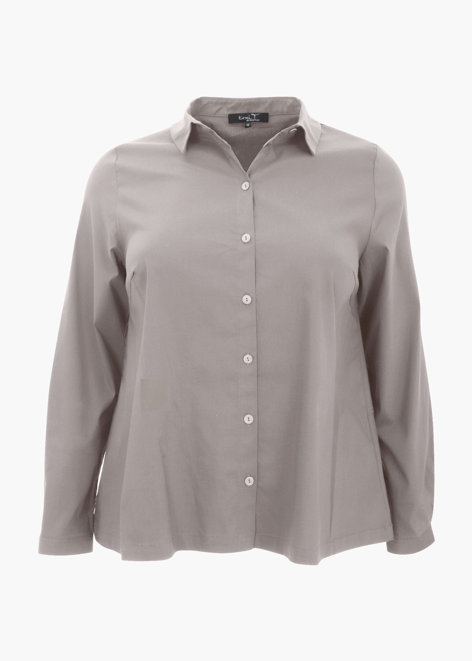 Front view of Toni T. plus size long sleeve A-line shirt in stretch poplin, beige color