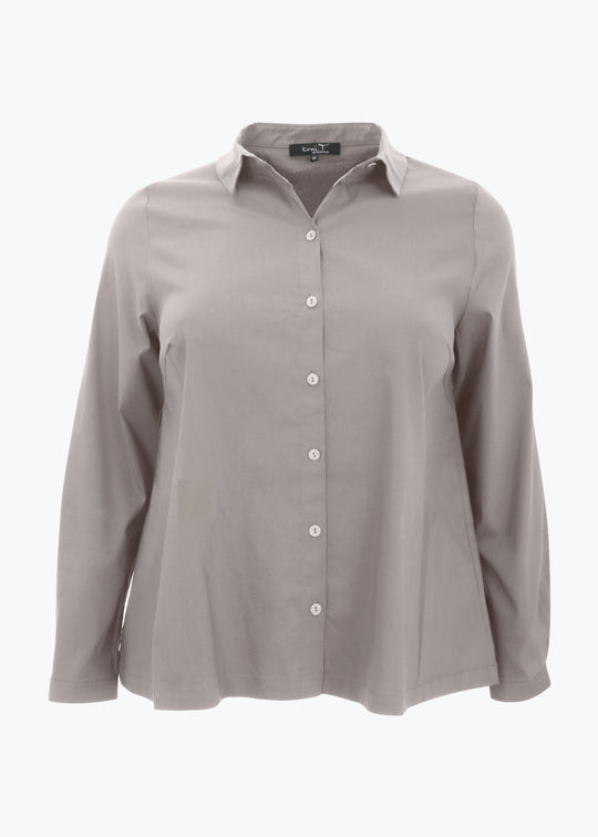 Front view of Toni T. plus size long sleeve A-line shirt in stretch poplin, beige color