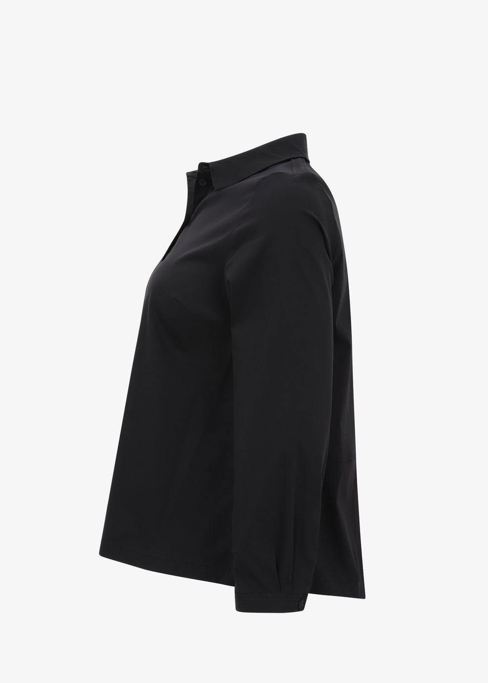 Side view of Toni T. plus size long sleeve A-line shirt in stretch poplin in black