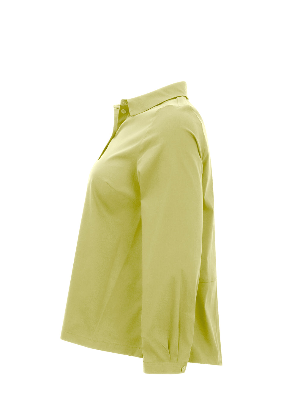 side view of Toni T. plus size long sleeve A-line shirt in stretch poplin, bamboo green color