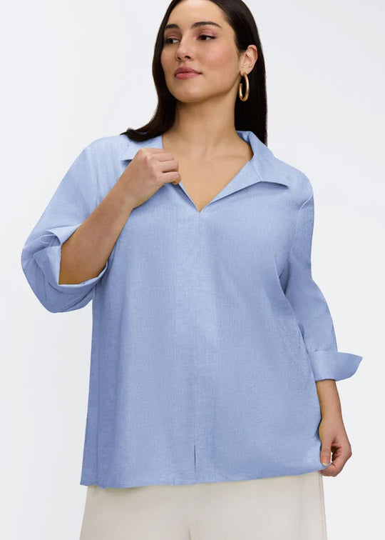 front view of plus size Foxcroft Agnes 3/4 Sleeve Linen Blend Shirt in Powder Blue