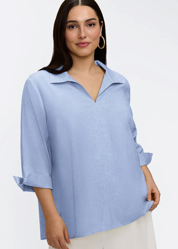 front view of plus size Foxcroft Agnes 3/4 Sleeve Linen Blend Shirt in Powder Blue