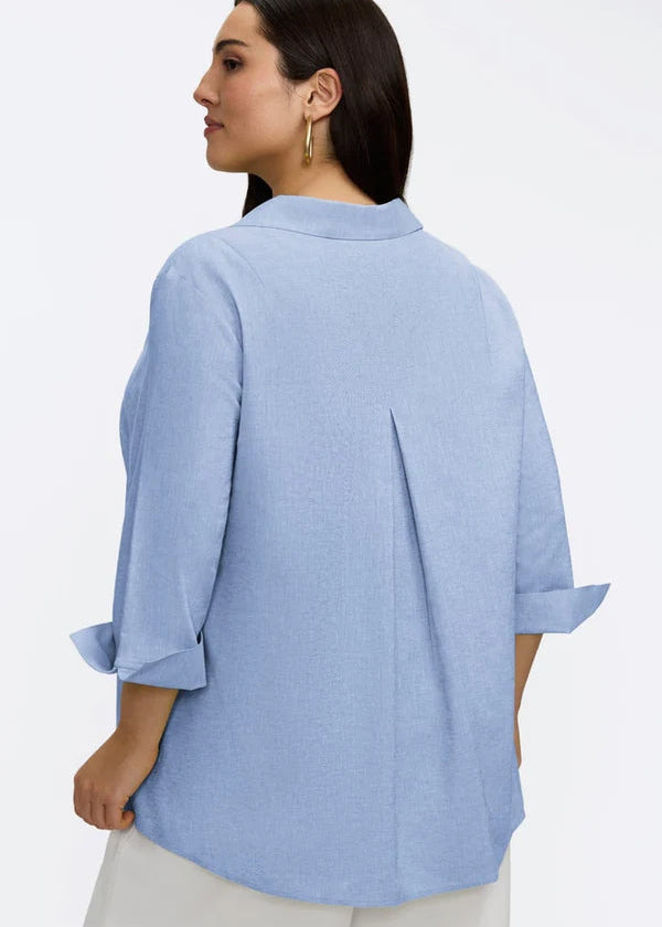back view of plus size Foxcroft Agnes 3/4 Sleeve Linen Blend Shirt in Powder Blue