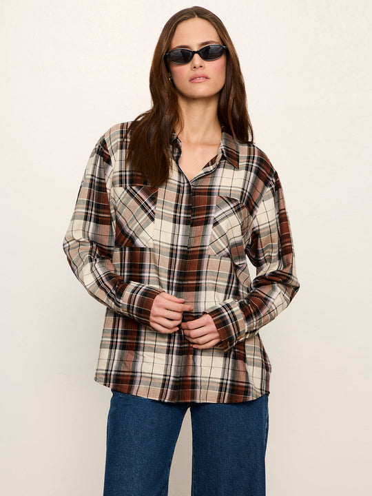 Oversized plaid flannel shirt in brown and cream tones, front view on model with jeans