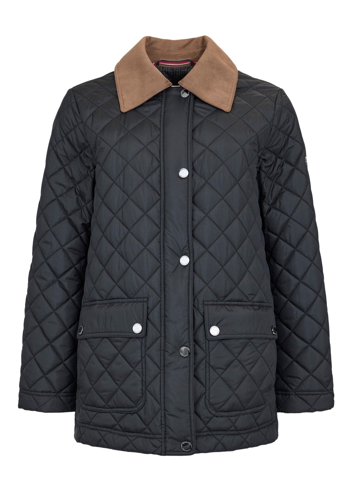 Black quilted barn jacket with contrast brown collar, zip front, snap buttons, patch pockets