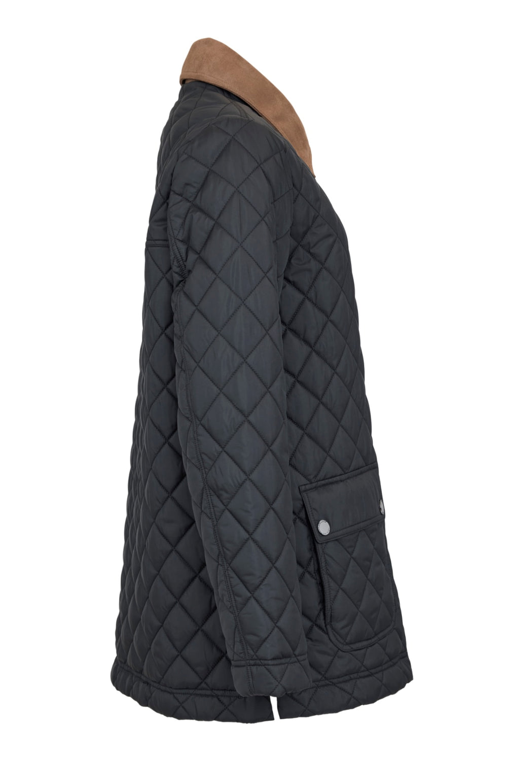 Black quilted barn jacket with contrast brown collar, patch pocket detail, long sleeves