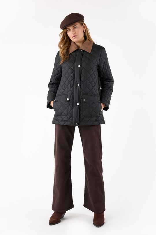 Frandsen Contrast Collar Quilted Barn Jacket with Front Patch Pockets and Zip and Snap Flange Closure Water Repellent in Black