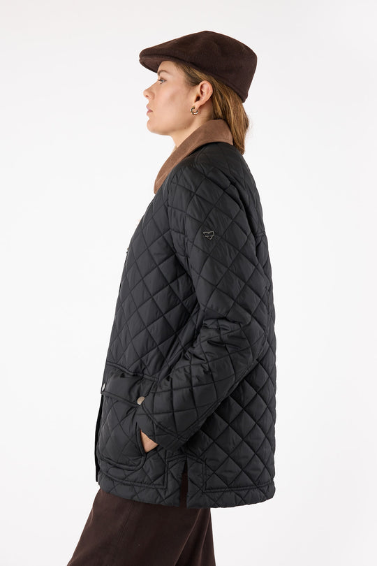 Frandsen Contrast Collar Quilted Barn Jacket with Front Patch Pockets and Zip and Snap Flange Closure Water Repellent in Black