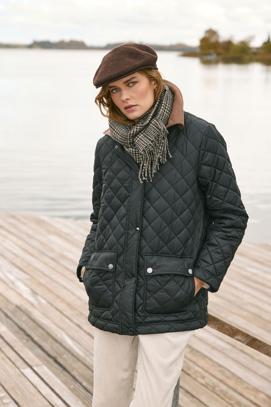 Frandsen Contrast Collar Quilted Barn Jacket with Front Patch Pockets and Zip and Snap Flange Closure Water Repellent in Black