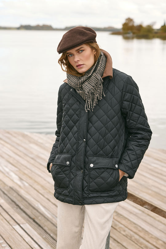 Frandsen Contrast Collar Quilted Barn Jacket with Front Patch Pockets and Zip and Snap Flange Closure Water Repellent in Black