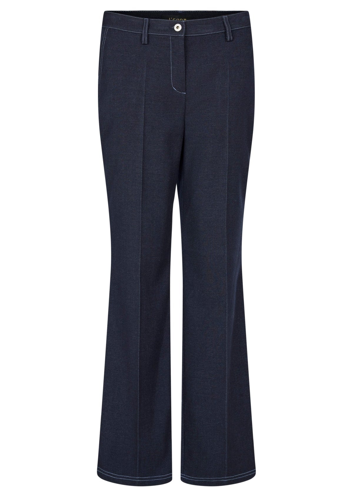 Navy straight-leg trouser front with waistband button, center seam, and belt loops