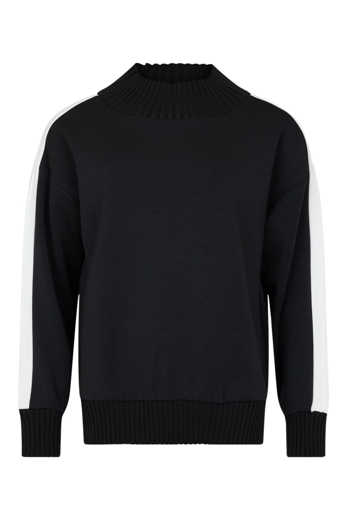 Black ribbed mock-neck pullover with ribbed hem and long sleeves