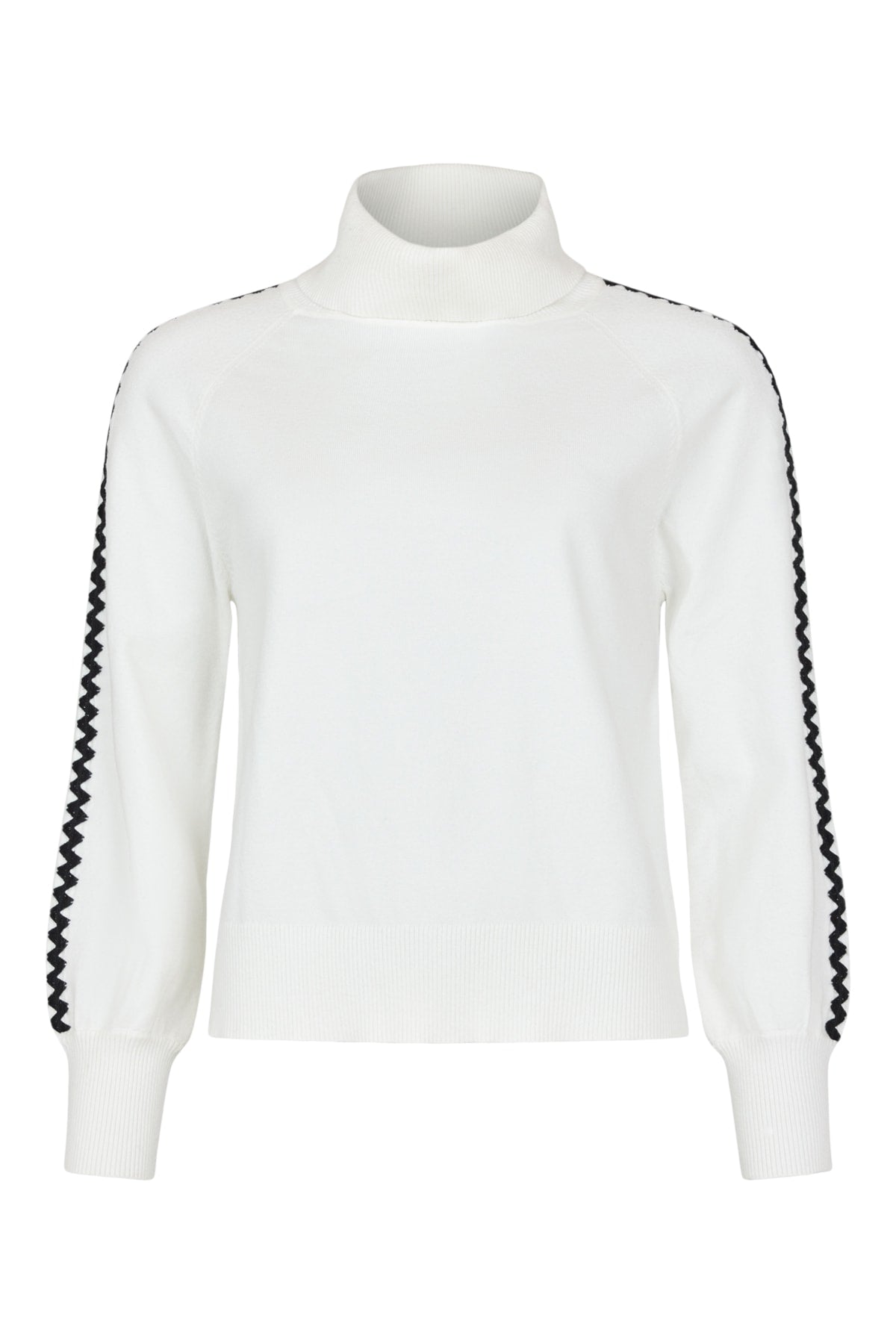 Off-white loose t-neck top with long sleeves and rick rack stitch trim
