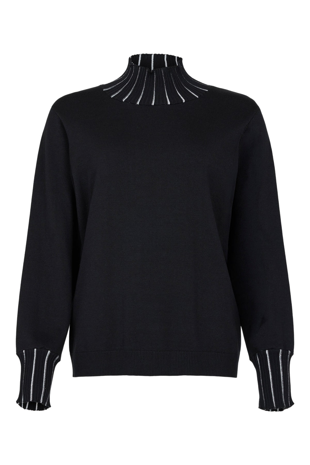 I'cona Long Sleeve Pullover with Striped Rib Trim on Collar and Cuffs in Black