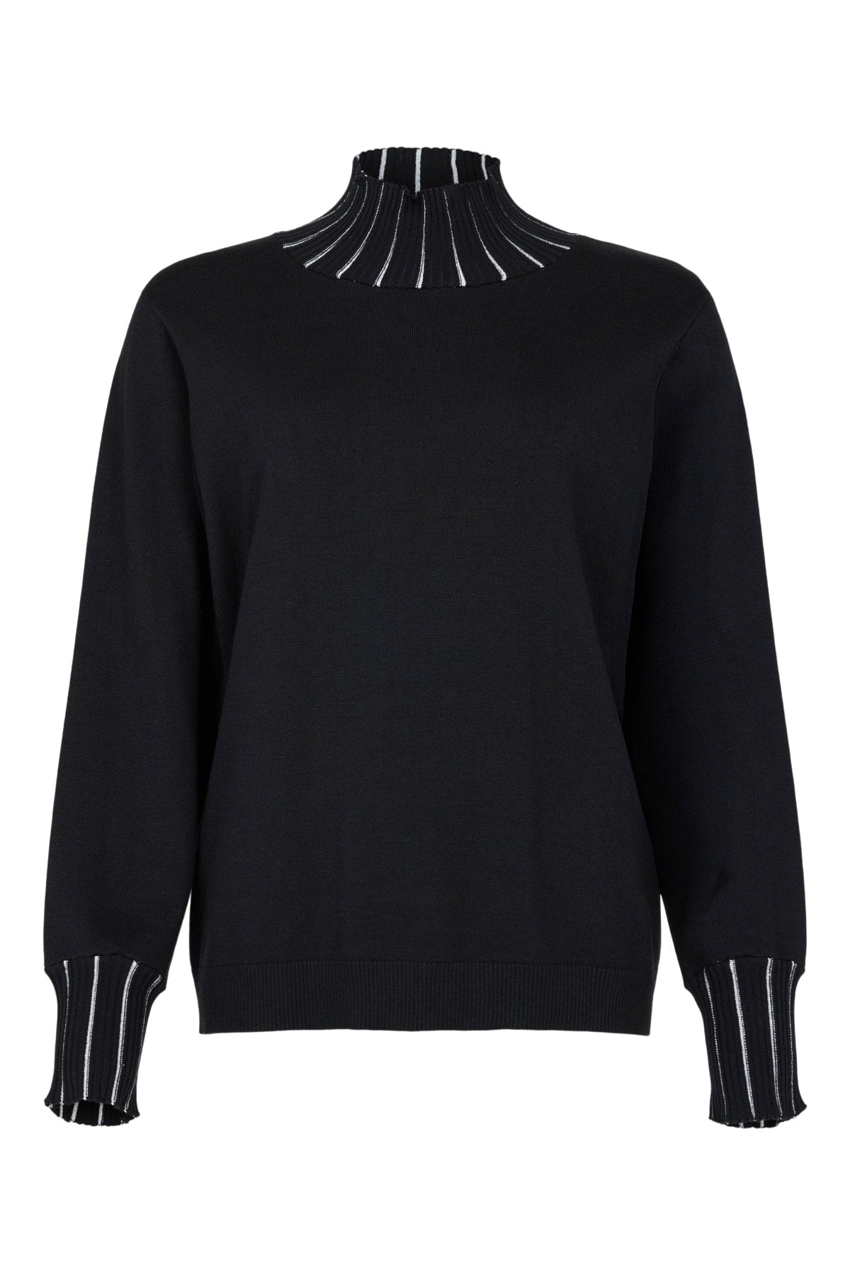 Black long-sleeve pullover with striped ribbed cuffs and ribbed mock-neck collar