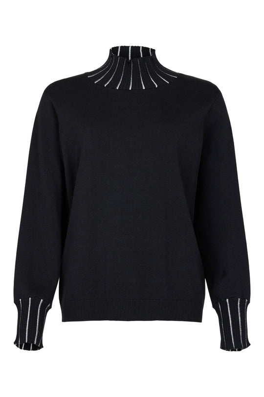 I'cona Long Sleeve Pullover with Striped Rib Trim on Collar and Cuffs in Black
