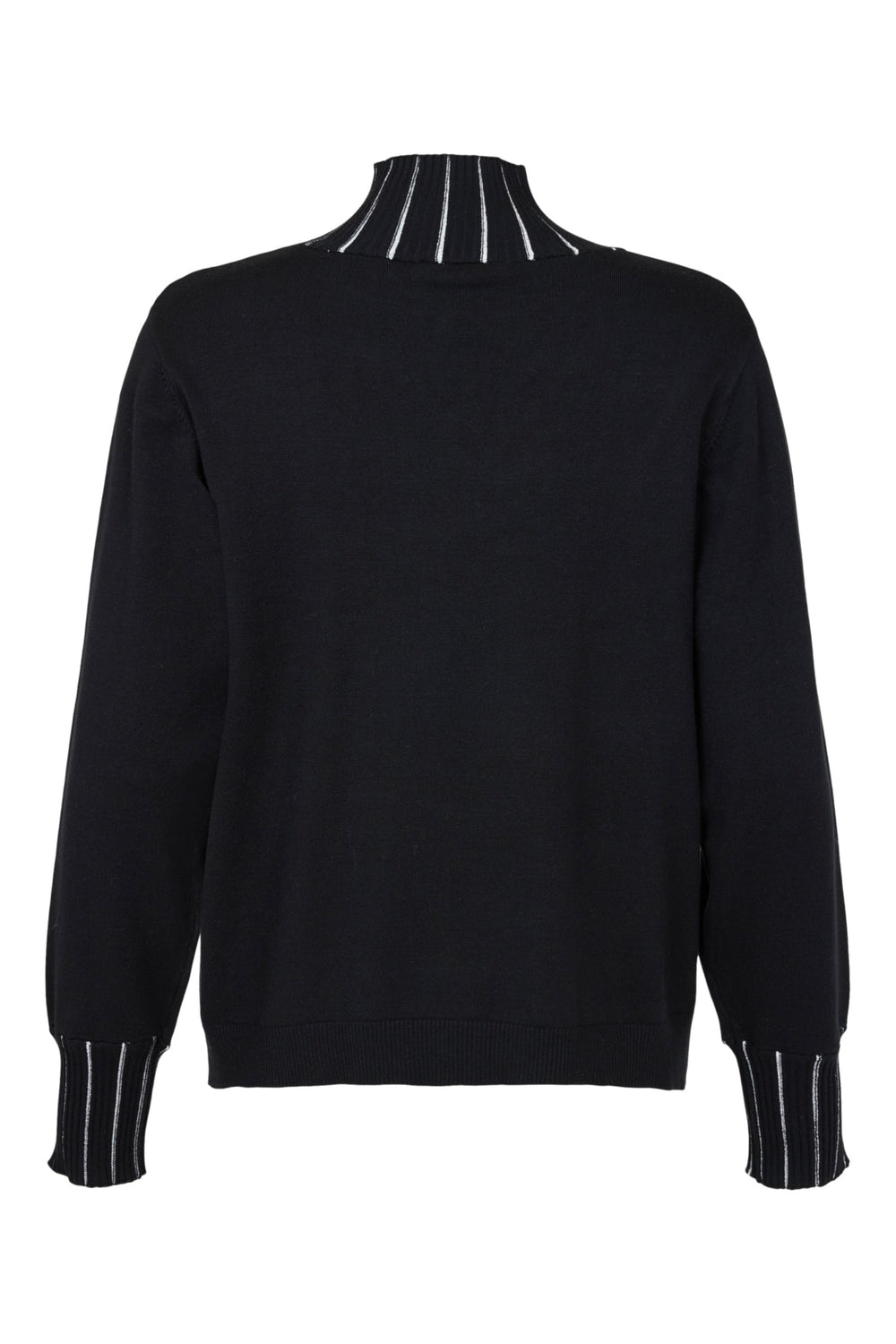 Black long-sleeve pullover with striped rib trim at crew neck and cuffs