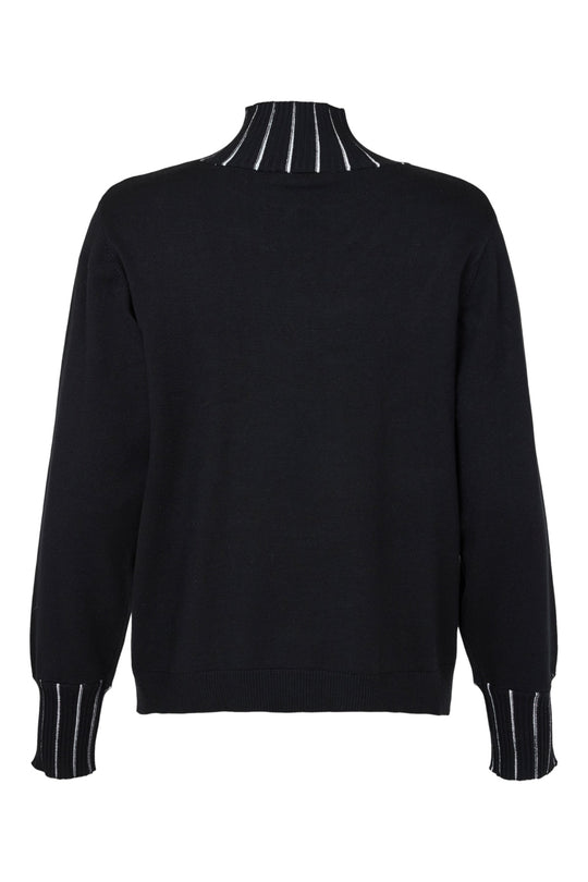 I'cona Long Sleeve Pullover with Striped Rib Trim on Collar and Cuffs in Black